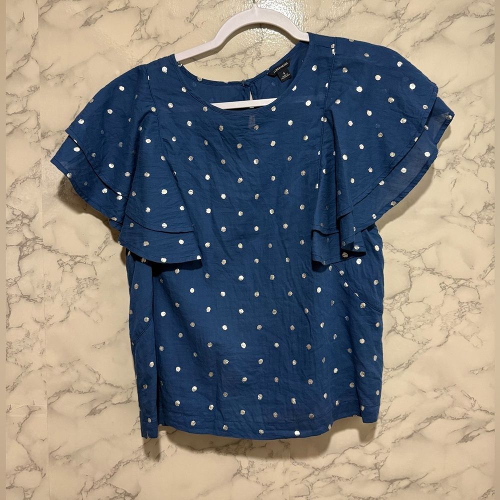 NEW J. Crew Blue Blouse with Silver Polka Dots Size S